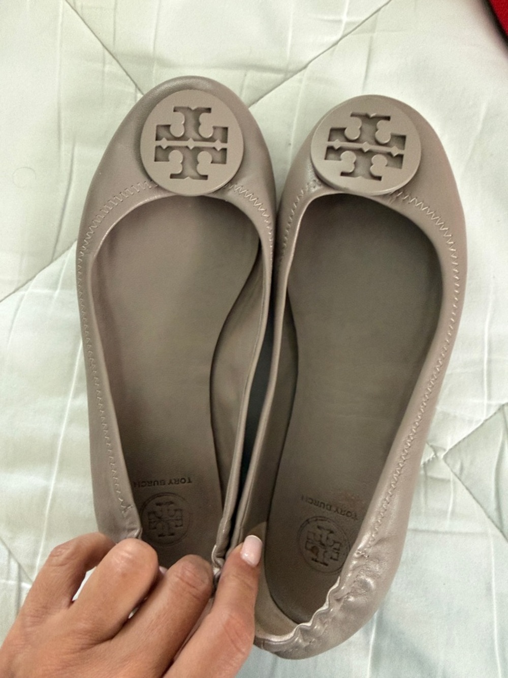 Tory Burch Blush Taupe Leather Logo Ballet Flats